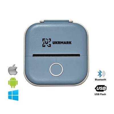 Мини термопринтер UKRMARK P02BL Bluetooth, голубой, рулоны 50-57 мм, печать на термобумаге и полимерных этикетках