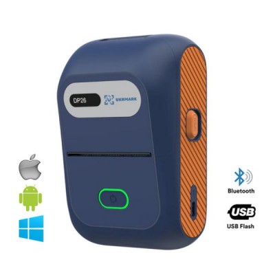Портативний термопринтер UKRMARK DP26BL Bluetooth, синій, рулон 20 - 58 мм, для друку етикеток і чеків